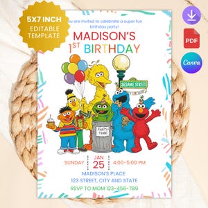Sesame Street Birthday Invitation Template, Elmo Birthday Template, Kids Character Party Invite, Editable Canva 5x7 Printable Card