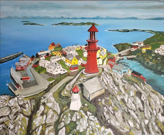 オナの海岸の静けさ – ノルウェーの灯台 キャンバスに油絵