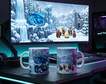 Taza de café para gamers con diseño pixelado de juegos de rol retro