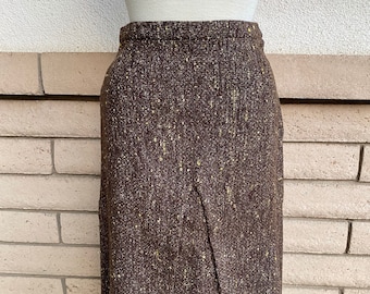 Vintage 60s Tweed Aline Midi Skirt Brown + Yellow Nubby Winter High Waist Skirt Waist 25