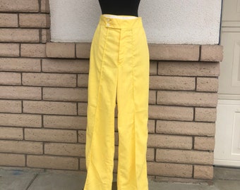 70s Sunshine Yellow Bell Bottoms High Waisted Pants Creased Trousers No Pocket Pants by H.I.S. For Her Waist 25