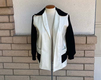70s Faux Leather Sweater Jacket White + Black Mod Vegan Open Coat Size Small