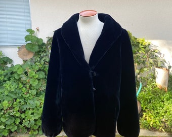 Vintage 70s Faux Fur Jacket Black Plush Teddy Bear Short Coat with Pockets Size Small