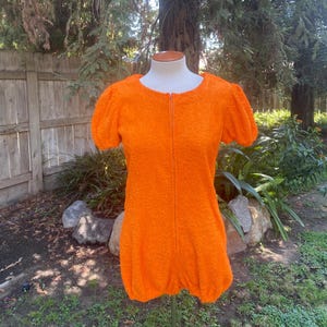 Vintage 60s 70s Orange Terry Cloth Romper Puff Sleeves Zip Front Summer Playsuit Onesie Size Small-Medium