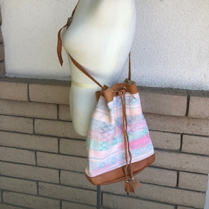 Vintage NWT Leather and Pastel Striped Woven Crossbody Bag Drawstring Bucket Bag New Old Stock