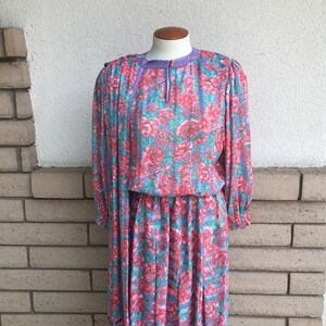 SALE 80s Diane Freis Dress Pink Floral Print with Attached Scarf Size Large Tall