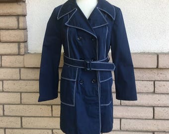 Vintage 70s Trench Coat Navy Blue Double Breasted Raincoat Gottschalks Size 8-10 M-L