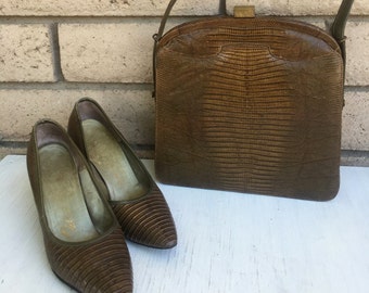 50s Reptile High Heels & Purse Designer Set by Palizzio Size 6-7