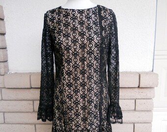 Vintage 60s Black Lace Party Dress, Long Sleeve Illusion Design