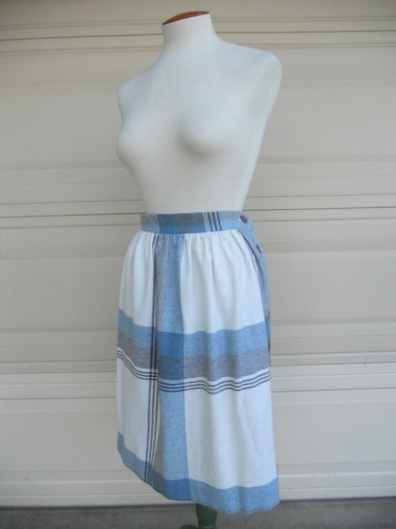 70s plaid skirt . blue cream high waist skirt . N… - image 1