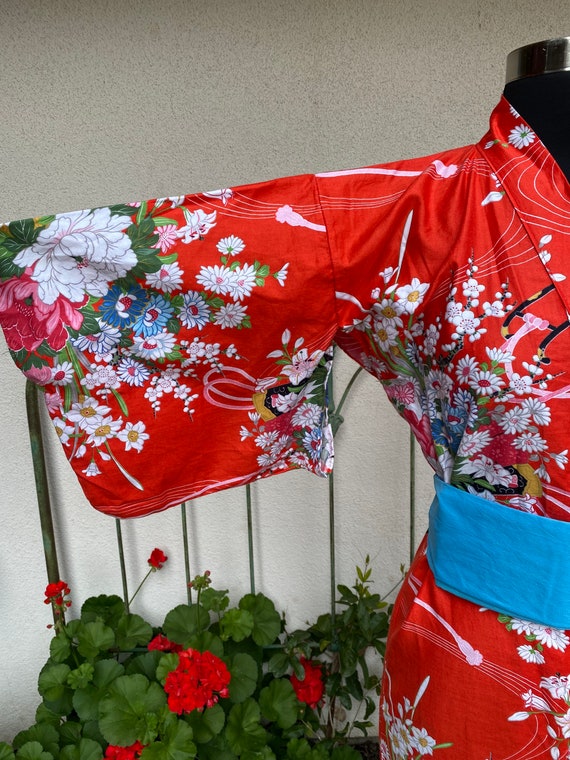 Vintage Red Floral Cotton Japanese Kimono // Full… - image 5