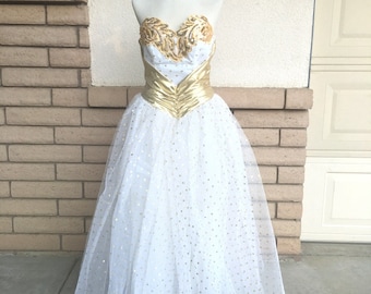 70s Strapless Gold Metallic Polka Dot Tulle Party Dress by Alfred Angelo Flirtations Size M