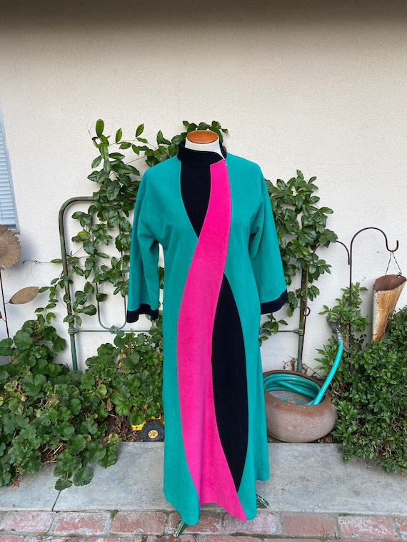 70s Vanity Fair Color Block Robe Emerald Green Ho… - image 1