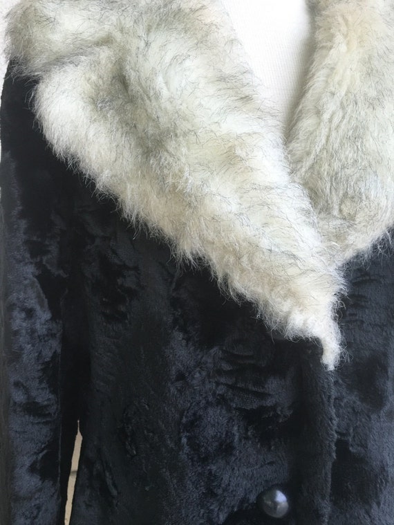 Vintage 60s 70s Faux Fur Coat Black + Gray Vegan … - image 2