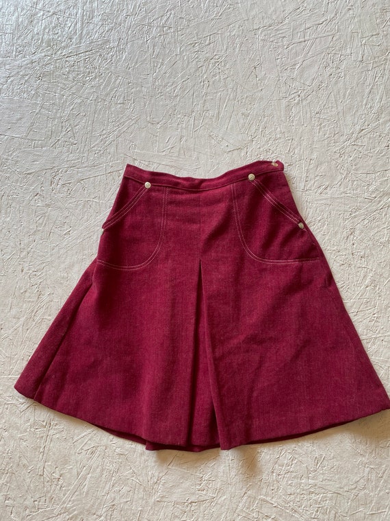 1970s Western Mini Skirt Brushed Denim Wine Box Pleat… - Gem