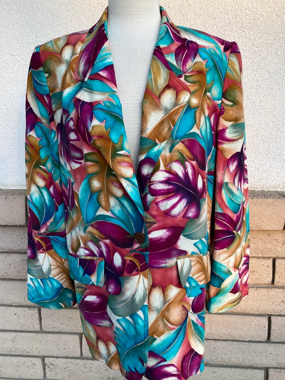 ジャケット・アウター 90s vintage Silk Floral Pattern Jacket L Vintage 90s Silk Jacket Deadstock Cranberry Turquoise Botanical