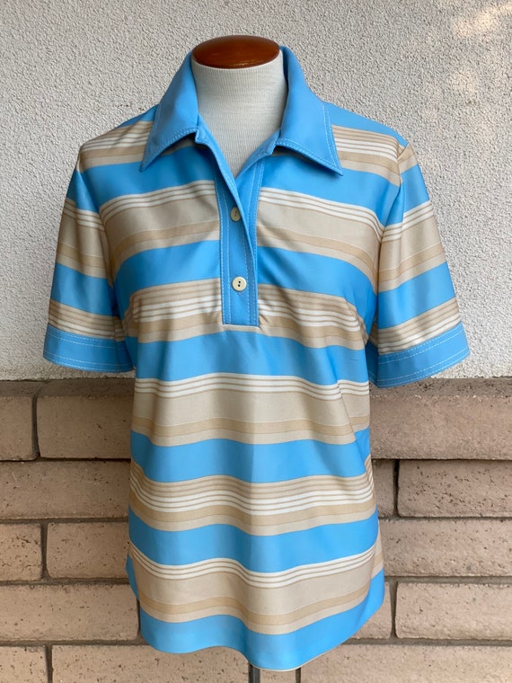 Vintage 70s Striped Polo Shirt Blouse Baby Blue Camel Button up