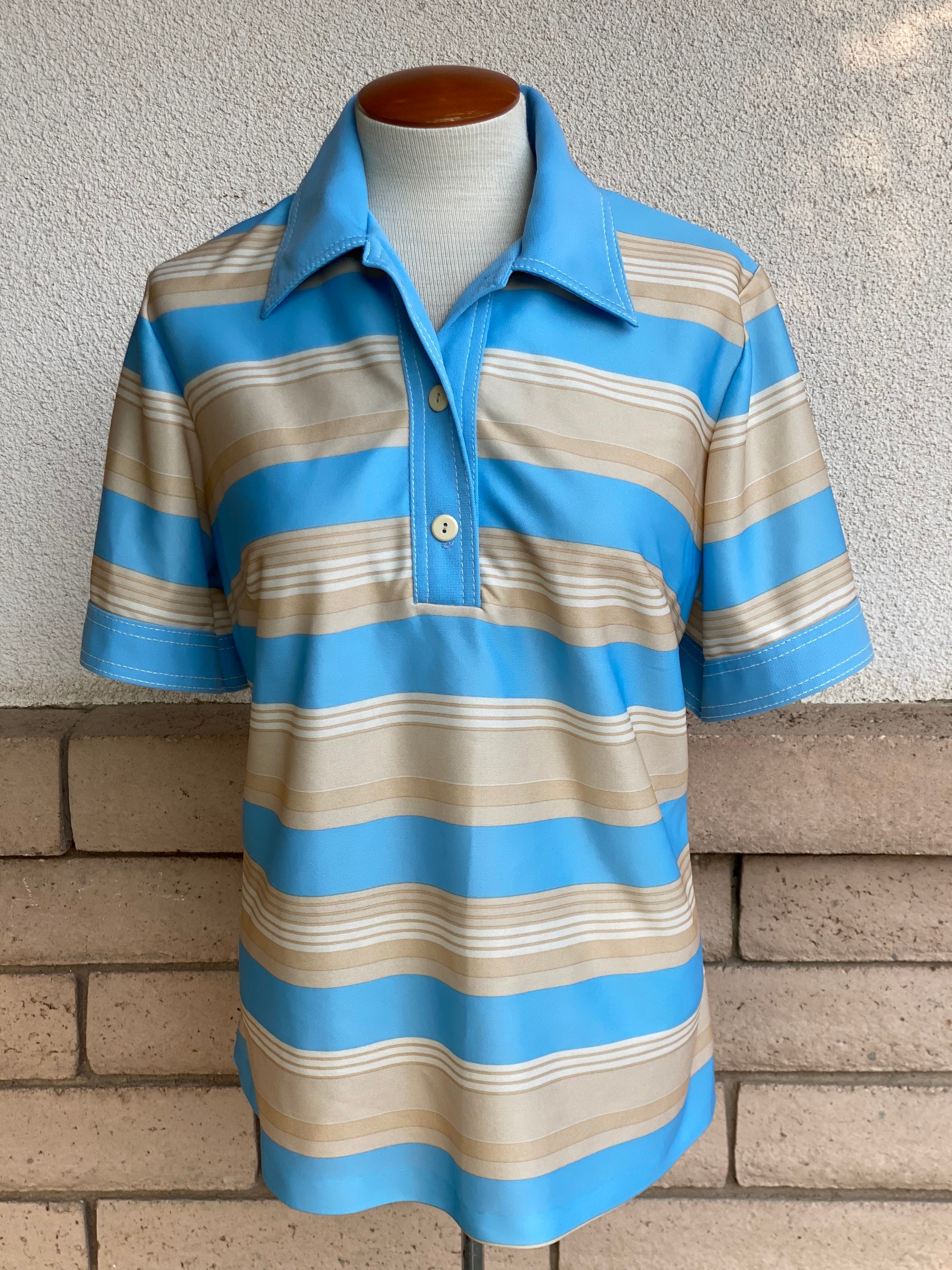 Vintage 70s Striped Polo Shirt Blouse Baby Blue Camel Button Vintage 70s Striped Polo Shirt Blouse Baby Blue Camel Button