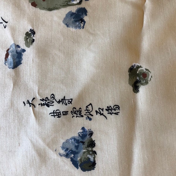 Vintage Asian Silk Fabric Asian Writing Ivory Sage Green Dusty Blue Kimono Silk Material Yardage 36 by 3 1/3 Yards