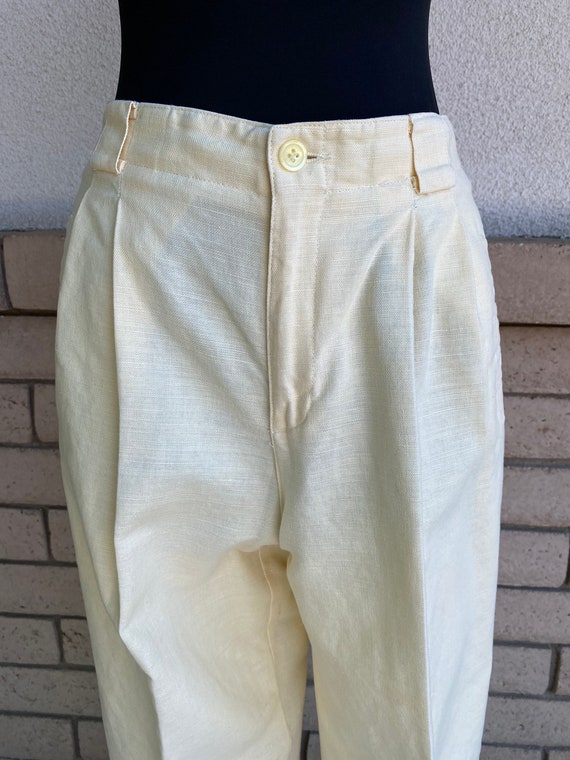 Vintage 90s Pale Yellow Linen Trousers Pleated Ta… - image 2