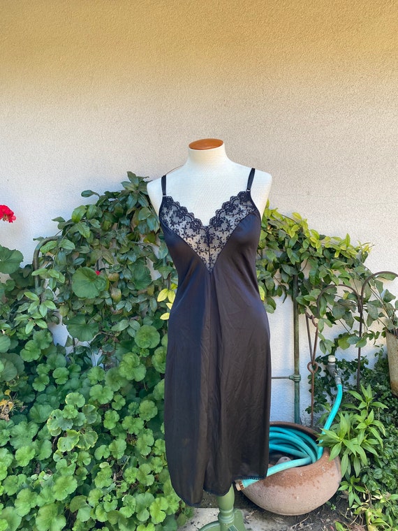 Vintage Black Lace Slip Dress Nightgown Lingerie … - image 1