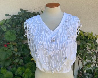 Vintage 80s Fringed Beaded Crop Top White Cotton V Neck Sleeveless Tshirt Summer Size Small