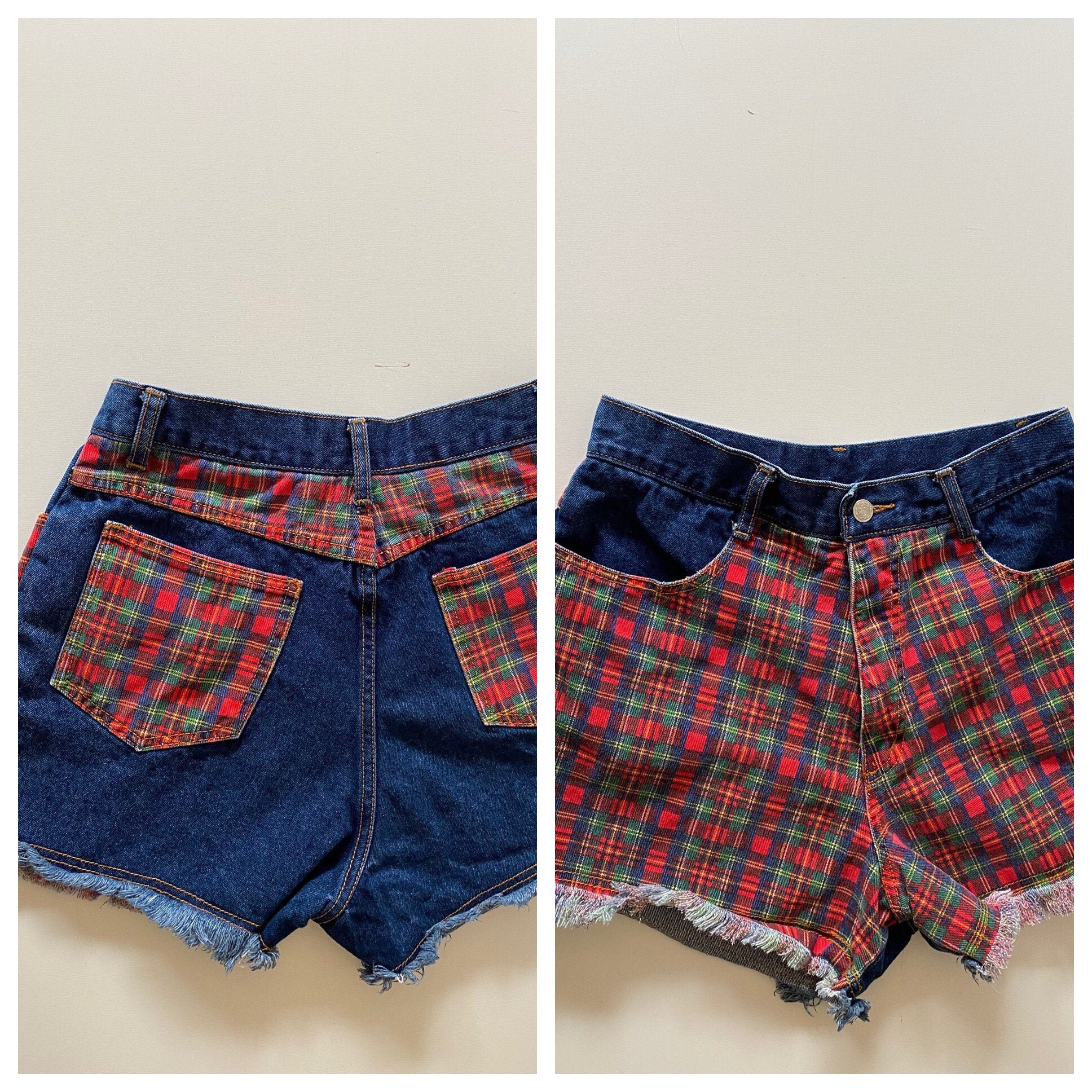 80s Plaid and Denim Shorts Cutoffs 30 