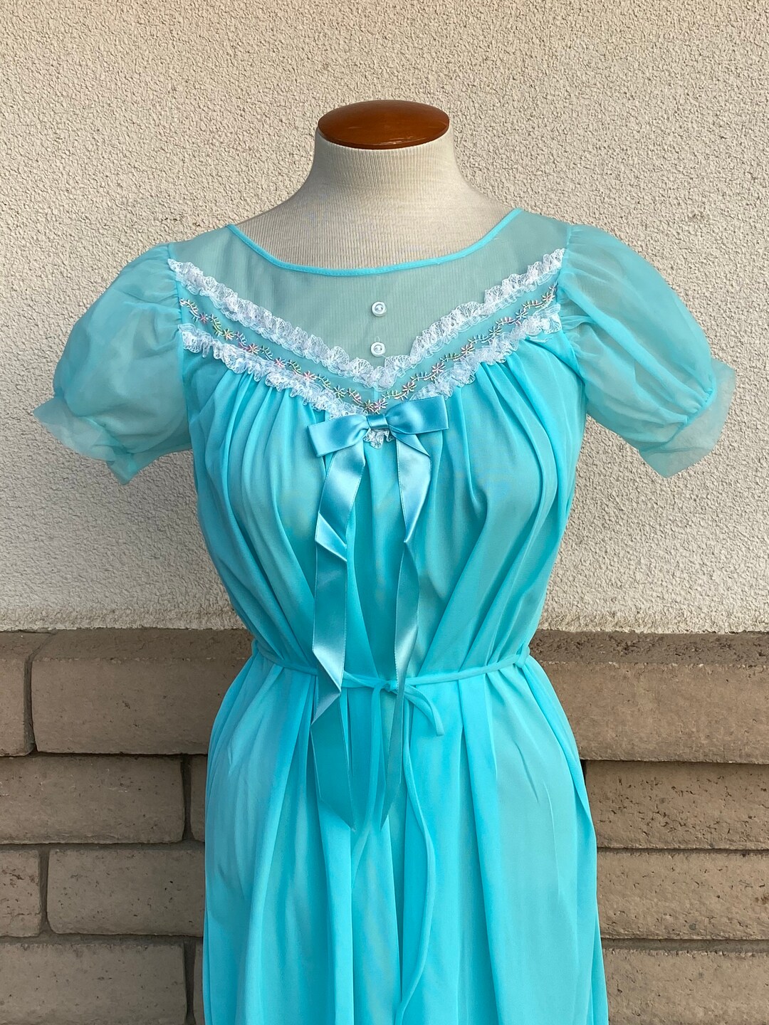 70s Baby Doll Nightgown // Vintage Aquamarine Full Length Gown Etsy
