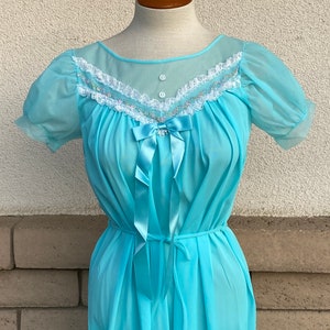 70s Baby Doll Nightgown // Vintage Aquamarine Full Length Gown // New Unworn Nylon Pajama Dress Size XS
