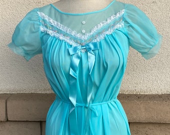 70s Baby Doll Nightgown // Vintage Aquamarine Full Length Gown // New Unworn Nylon Pajama Dress Size XS