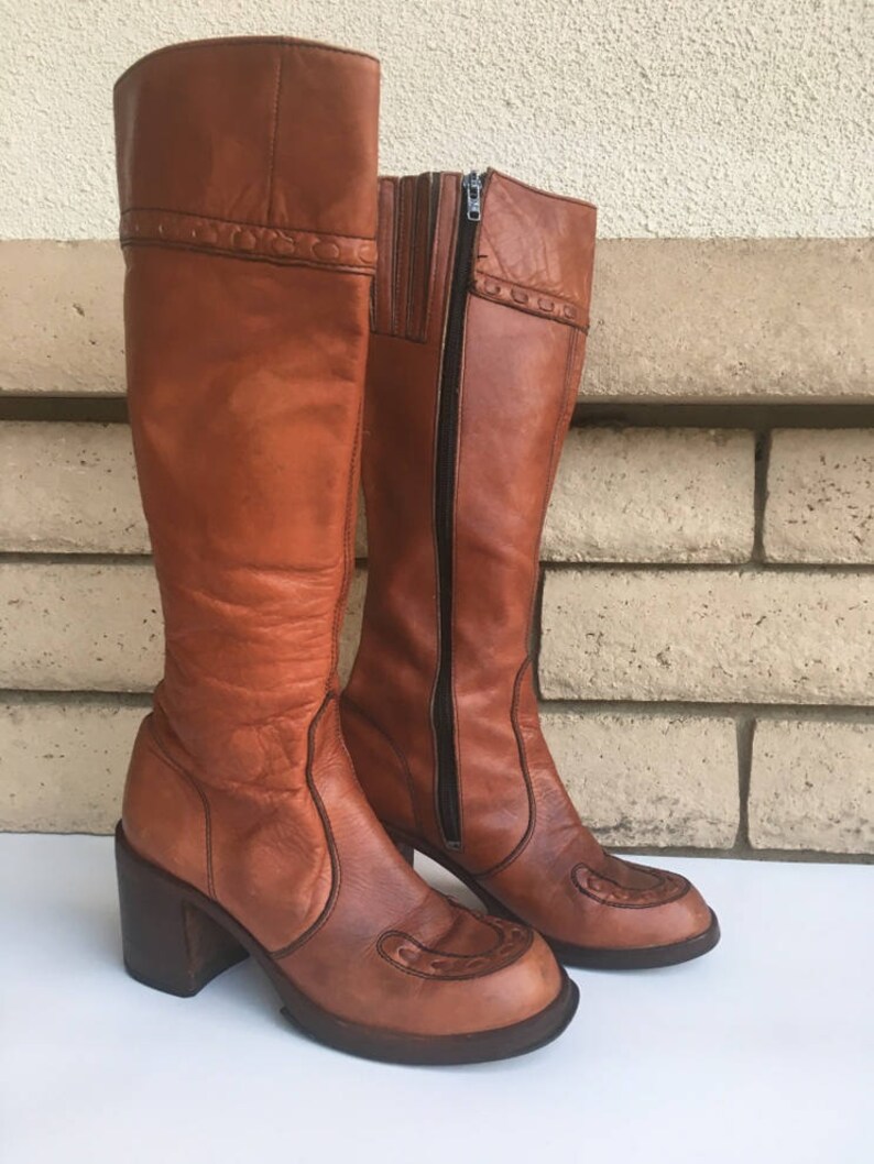 Vintage 70s Rust Woven Leather Knee High Boots Made in Uruguay Size 7 1/2 B image 1