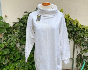 Vintage NWT Sweatshirt Dress Solid White Turtleneck Oversized Deadstock Mini Dress by Tultex One Size Fits Most