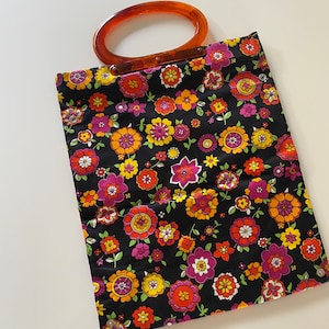 Vintage 60s 70s Mod Bright Floral Adjustable Tote Bag Double Tortoise Shell Handles by Lady&#39;s Pride
