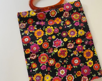 Vintage 60s 70s Mod Bright Floral Adjustable Tote Bag Double Tortoise Shell Handles by Lady&#39;s Pride