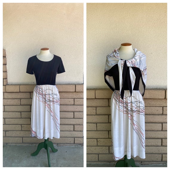70s String Knit Cape Dress High Waist Contrast Su… - image 1