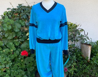 Vintage 80s Ringer Velour Sweatsuit Blue Turquoise Black Joggers Set Track Suit by Ginnis Girl Women Size Small