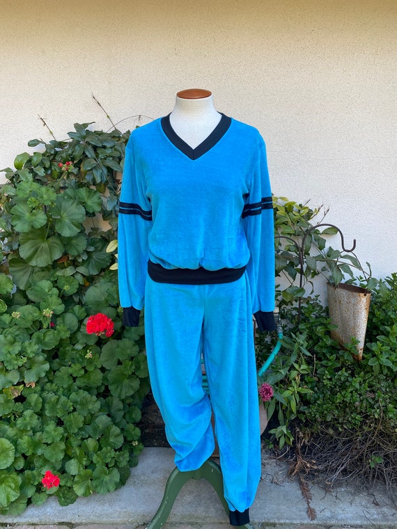 Vintage 80s Ringer Velour Sweatsuit Blue Turquoise