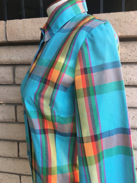 60s 70s Plaid Dress Turquoise Orange Checked Butt… - image 3