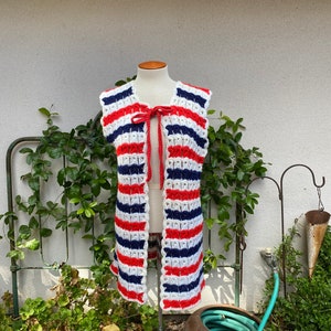 Vintage 70s Knit Vest Red White Blue Hippie Crochet Tunic Open Cardigan Sweater Vest One Size