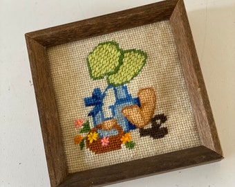 Vintage Framed Needlepoint Embroidered Girl With Flowers will Stand Alone or Wall Hanging 6x6