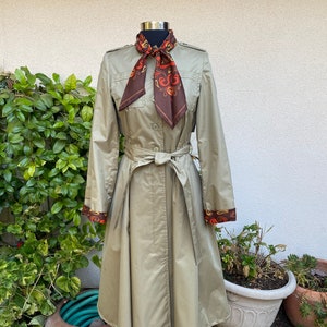 Vintage 70s Luba Belted Ascot Trench Coat Fit and Flare Bronze Raincoat Size XXS