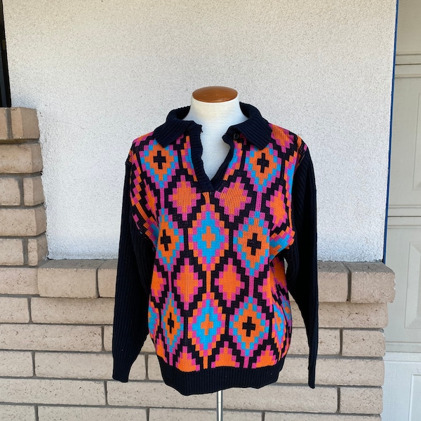 80s Neon Op Art Collared Sweater // Orange Pink Turquoise Black Pullover Sweater // Carushka Size M-L