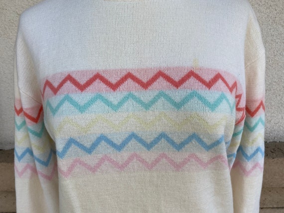 Vintage 70s Pastel Chevron Wool Sweater Ivory Str… - image 2