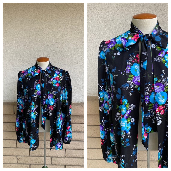 Vintage 70s Ascot Floral Jacket // Black Floral O… - image 1