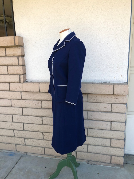 60s Navy Blue Wool Skirt Suit Zip Front Top Flare… - image 3