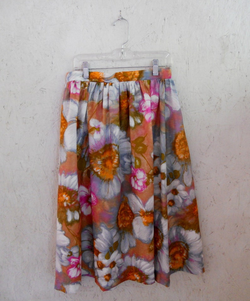 SALE Vintage High Waist Skirt, 1980s Gathered Skirt, Floral Skirt, Summer Watercolor Print Waist 26-27 imagem 5