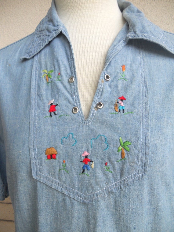 70s Smock Top Embroidered Chambray Hippie Shirt M… - image 2