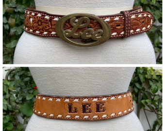 Vintage Lee Belt Personalized Tooled Leather Nocona Belt Solid Brass Buckle Unisex Small Adult Child Waist 28-32