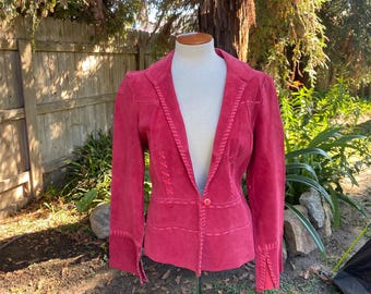 Vintage 90s Raspberry Red Suede Jacket Light Weight Lace Up Stitching Blazer by Bernardo Size Medium