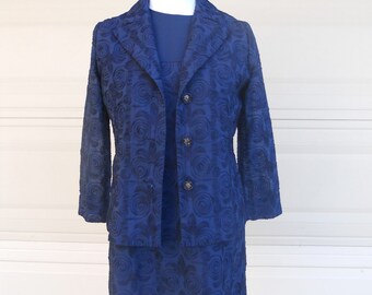 60s Navy Blue Embroidered Shift Dress + Matching Jacket 1960s Mad Men Dress and Jacket Set